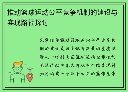 推动篮球运动公平竞争机制的建设与实现路径探讨