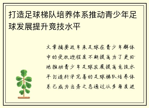 打造足球梯队培养体系推动青少年足球发展提升竞技水平