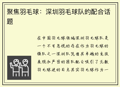 聚焦羽毛球：深圳羽毛球队的配合话题