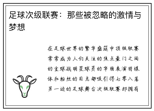 足球次级联赛：那些被忽略的激情与梦想