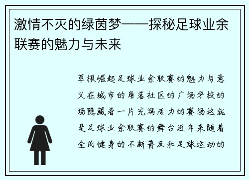激情不灭的绿茵梦——探秘足球业余联赛的魅力与未来