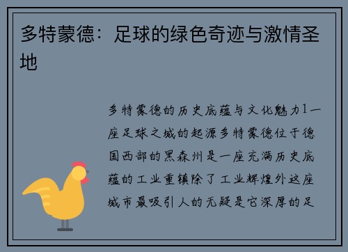 多特蒙德：足球的绿色奇迹与激情圣地