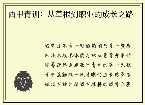 西甲青训：从草根到职业的成长之路