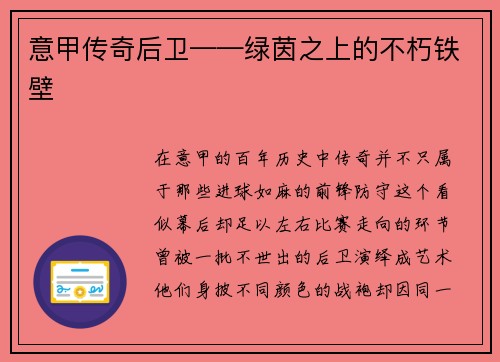 意甲传奇后卫——绿茵之上的不朽铁壁