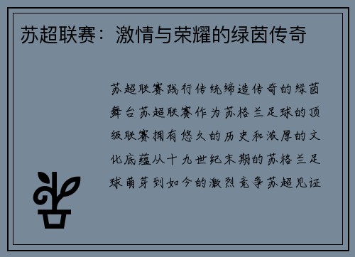 苏超联赛：激情与荣耀的绿茵传奇